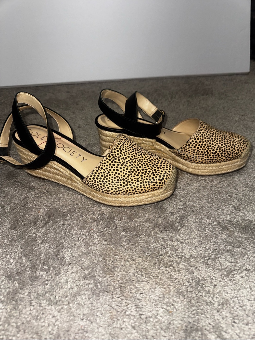 Sole Society Leopard Print Espadrille Wedges with Black Ankle Strap| size 8